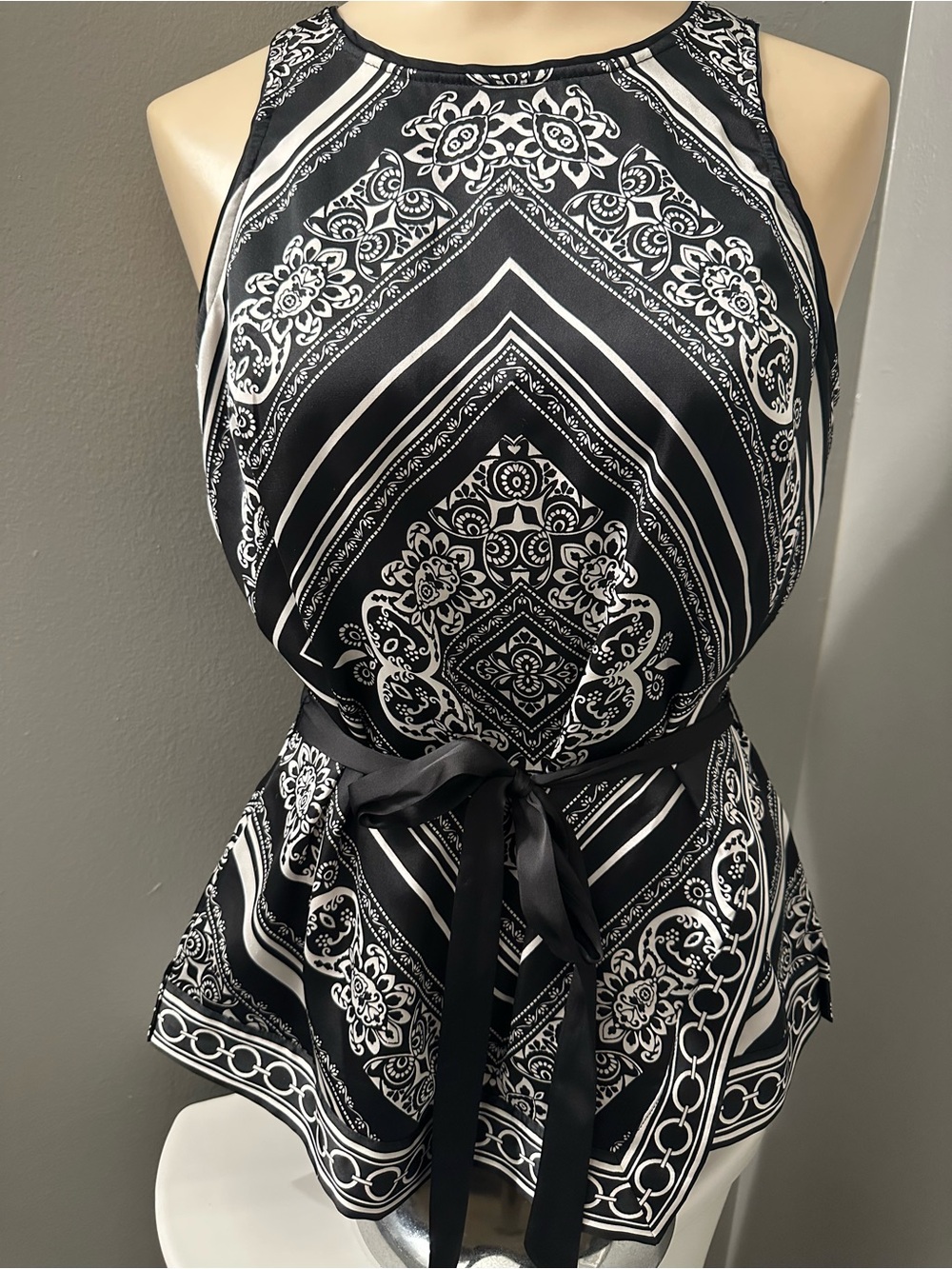 White House Black Market Black & White Bandana Print Halter Peplum Top